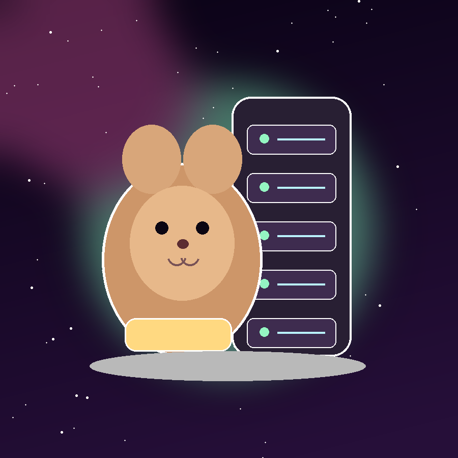 Original illustration of a friendly server hamster beside a small glowing server rack